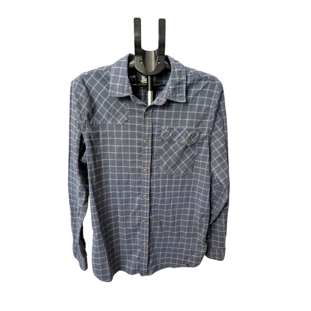 LL Bean Men's Blue Button Up Flannel Shirt Check L Outdoors Elasterell-P Pockets